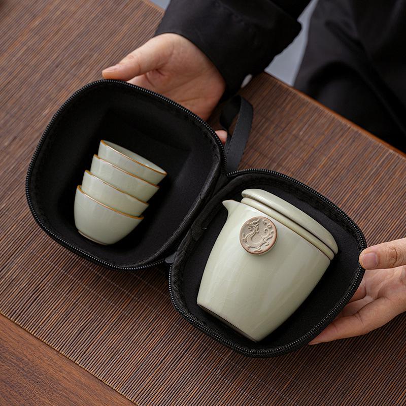 Compact Ru Kiln Travel Tea Set: Portable Quick-Brew Teapot & Teacups for One