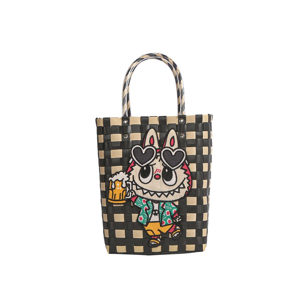 Labubu plastic woven handbag woven vegetable basket handbag handmade bag