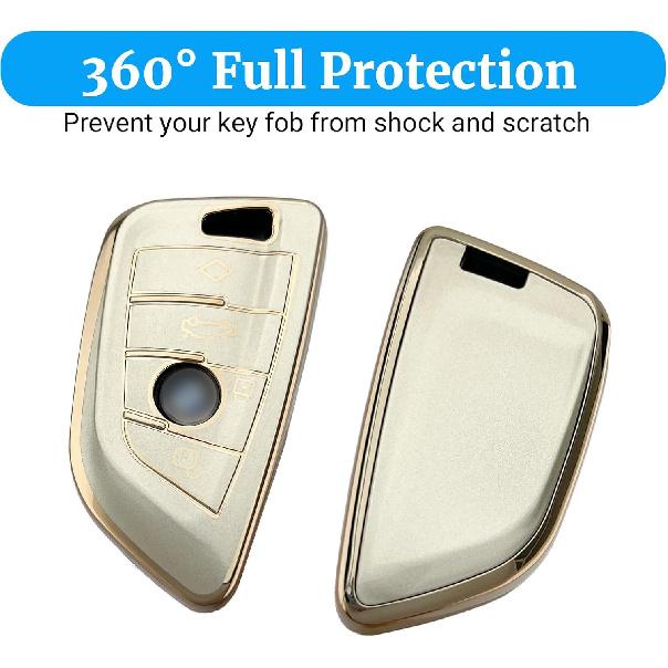 Soft TPU for BMW Key Fob Cover with Leather Keychain for X1 X3 X4 X5 X6 X7 M5 M6 1 2 3 4 5 6 7 Series GT3 GT5 GT6 Key Case Accessories, Gold