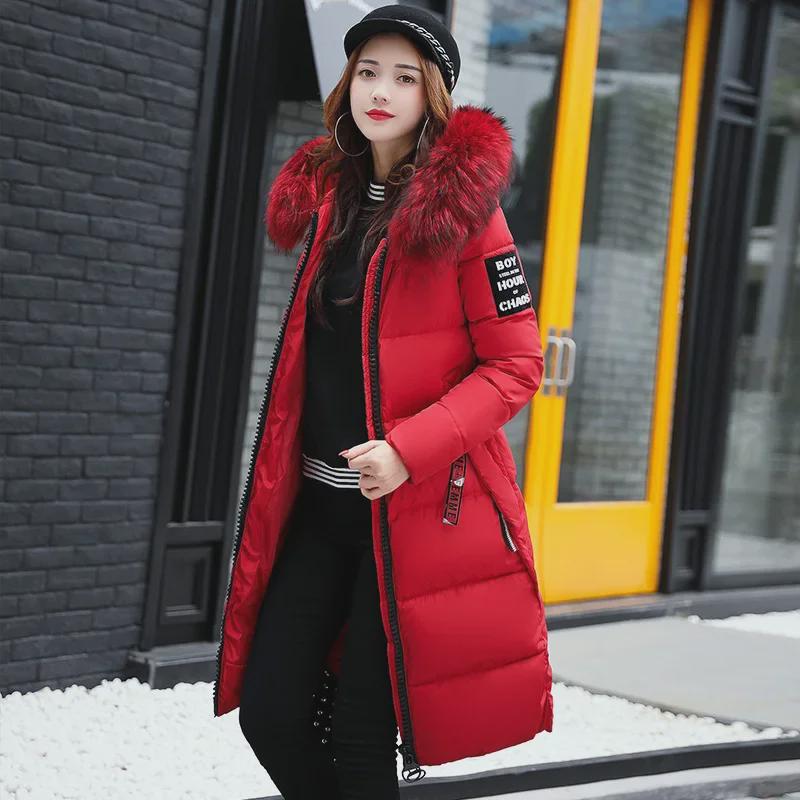 Women's Hooded Long Cotton Coat with Fur Collar