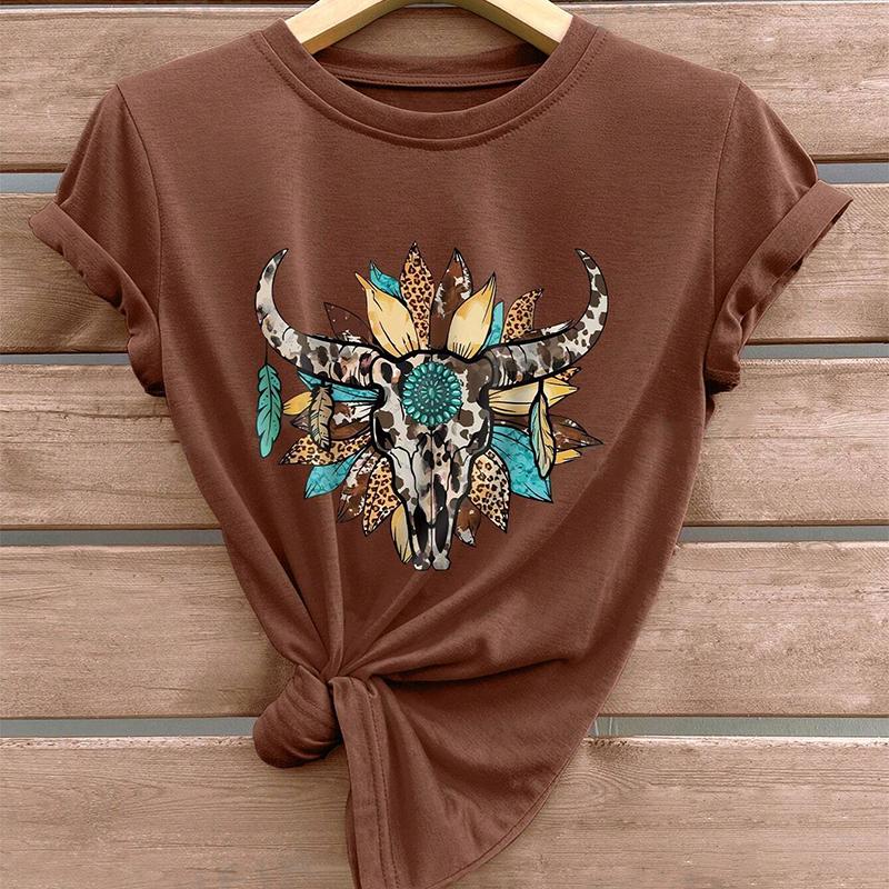 Móda Ženy Zvíře Kráva Kostra Květinový Potisk Tričko Vtipné Ležérní O-výstřih Krátký Rukáv Tričko Léto Dámské Tričko