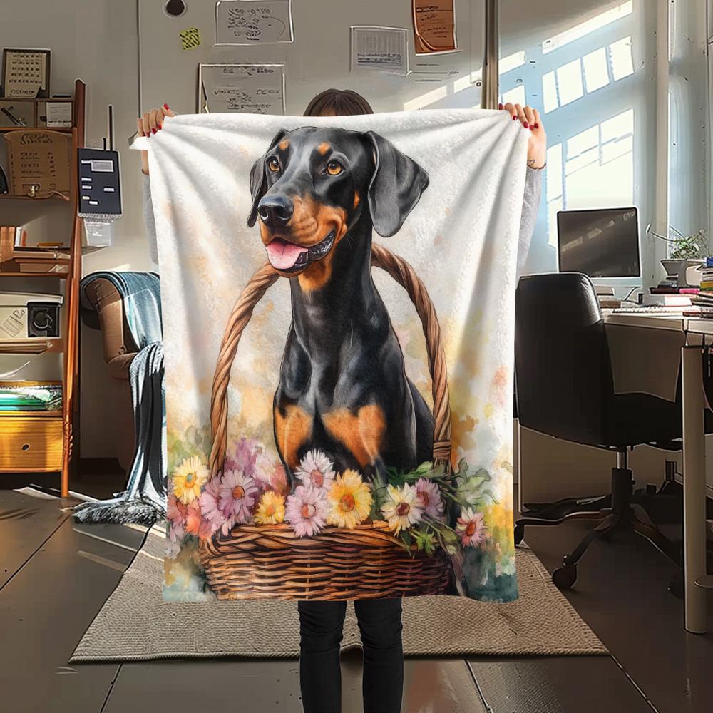Flower Basket Dogs Print Flannel Blanket, High quality Comfortable for All Seasons, Home Decor, Warmth and Comfort