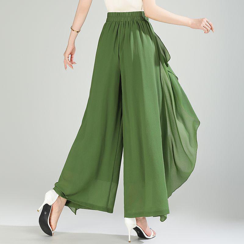 Pantaloni-Gonna Estivi in Chiffon a Vita Alta da Donna - Larghi, a Gamba Larga, Capo d'Abbigliamento Casual