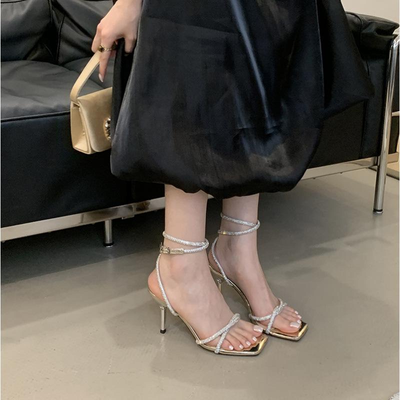 2025 summer fairy wind square head silver rhinestone thin strap stiletto sandals fashion French word strap high heel women
