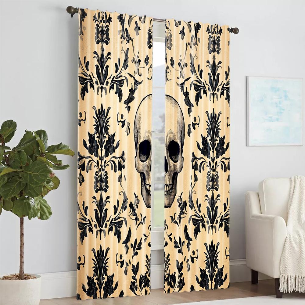 2 pcs   versatile polyester transparent curtains for home decoration Gothic Skull & Floral Peel for use in bedrooms and living