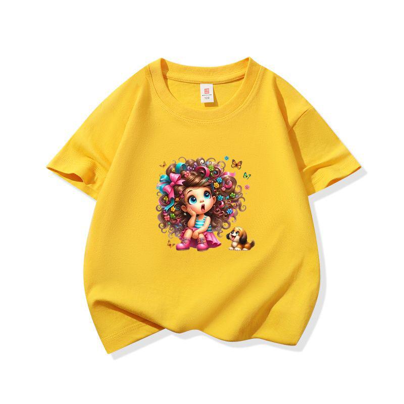 Kids Cotton T Shirt Floral Curly Hair Girl Sitting With Puppy Dog Print Crew Neck Short Sleeve Tee Casual Boys Girls Summer Tops