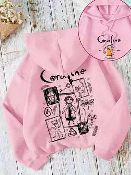 Women's Retro Coraline Hoodie with Double-Sided Print and Drop Shoulder Design