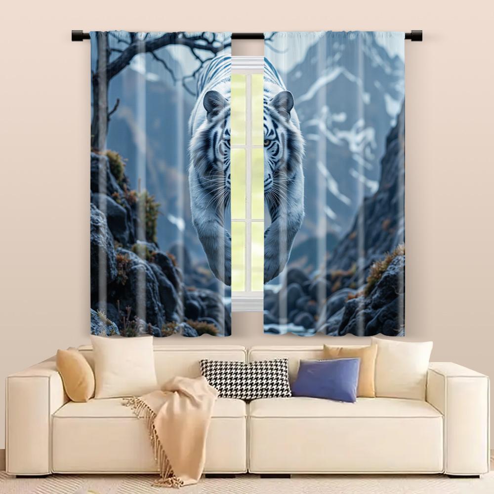 Set Of 2 Filtering Curtains Excluding Rods Non Movable Without Batteries Chinese Ink Tiger Use Bedrooms Living Made Polyester Sleeping Area Window