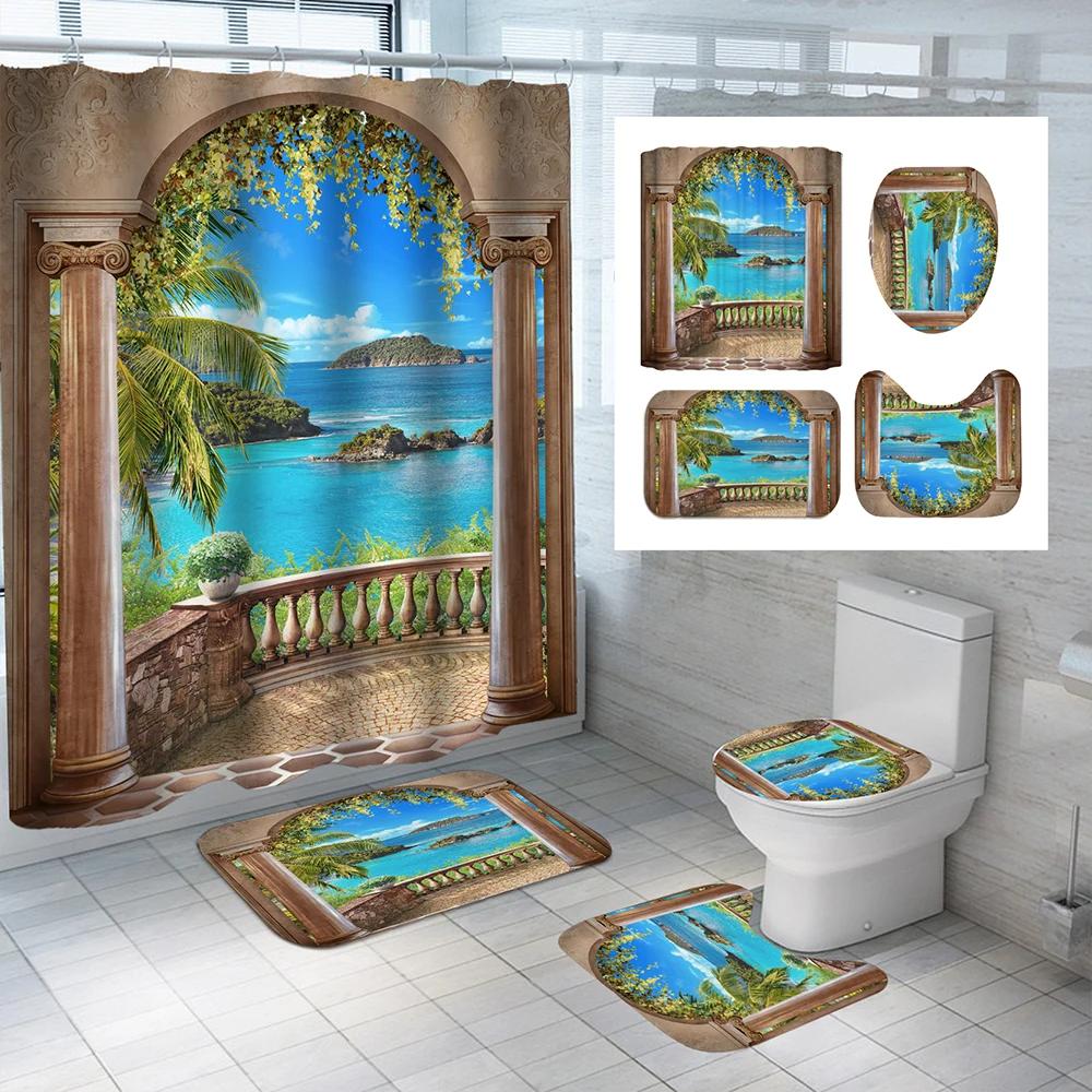 Sunny Beach Pattern Waterproof Polyester Shower Curtain With Hooks Anti-Slip Soft Bath Carpet Mat Lid Toilet Cover Home Decor