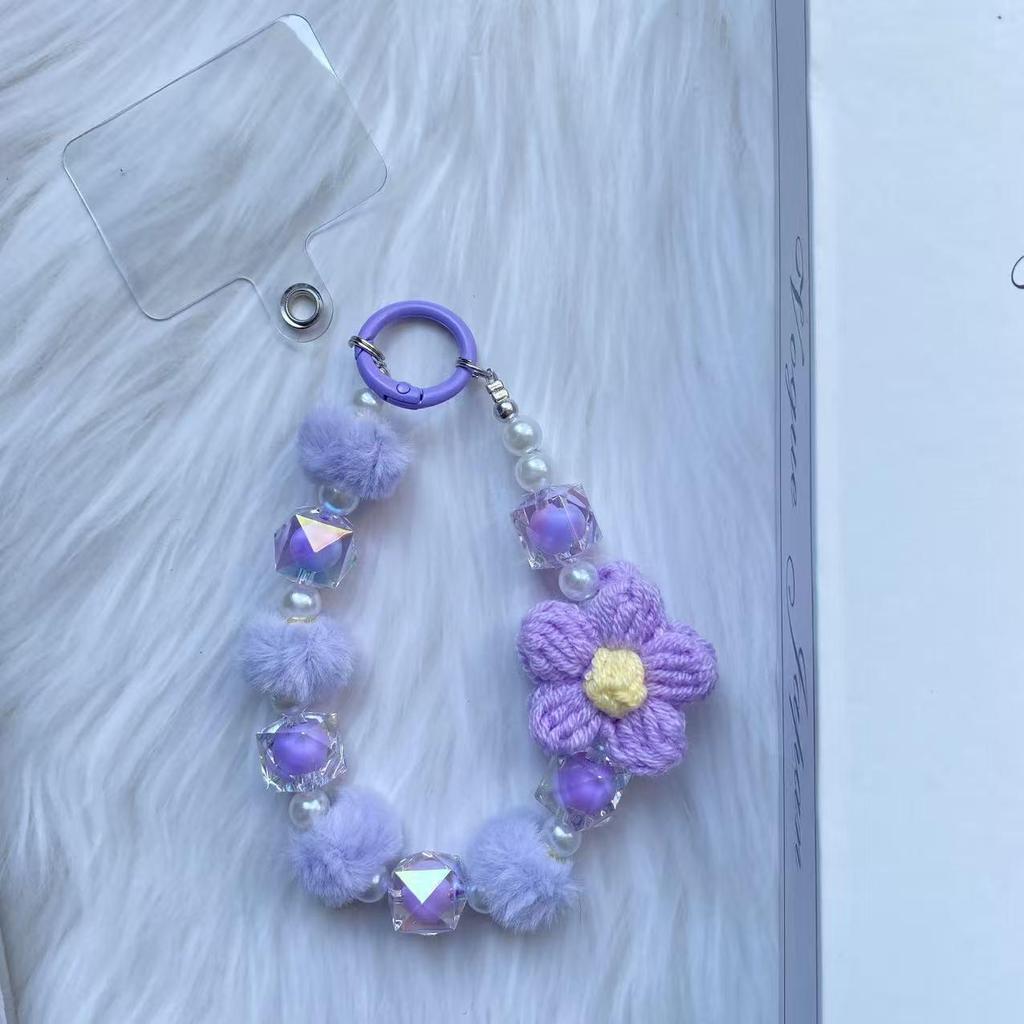 Wool Flower Beaded Phone Chain & Keychain: Cute Plush Bracelet & Bag Pendant Accessory