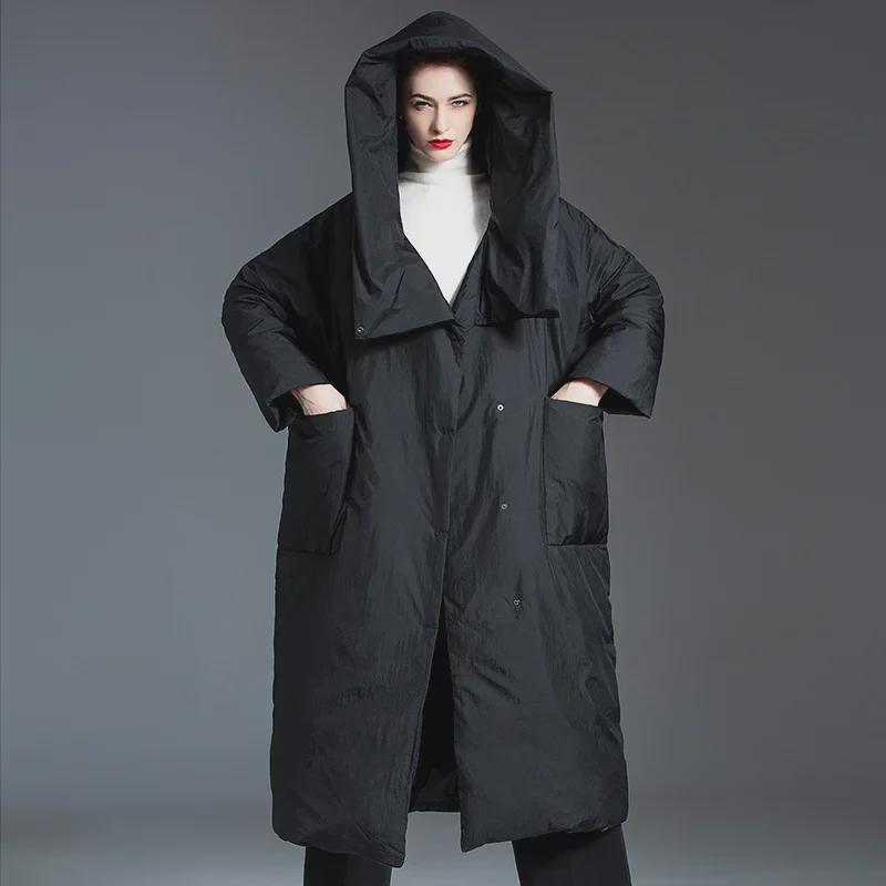 Women's 2024 Knee-Length Hooded Down Jacket - Korean Style, Thick, 90% White Duck Down