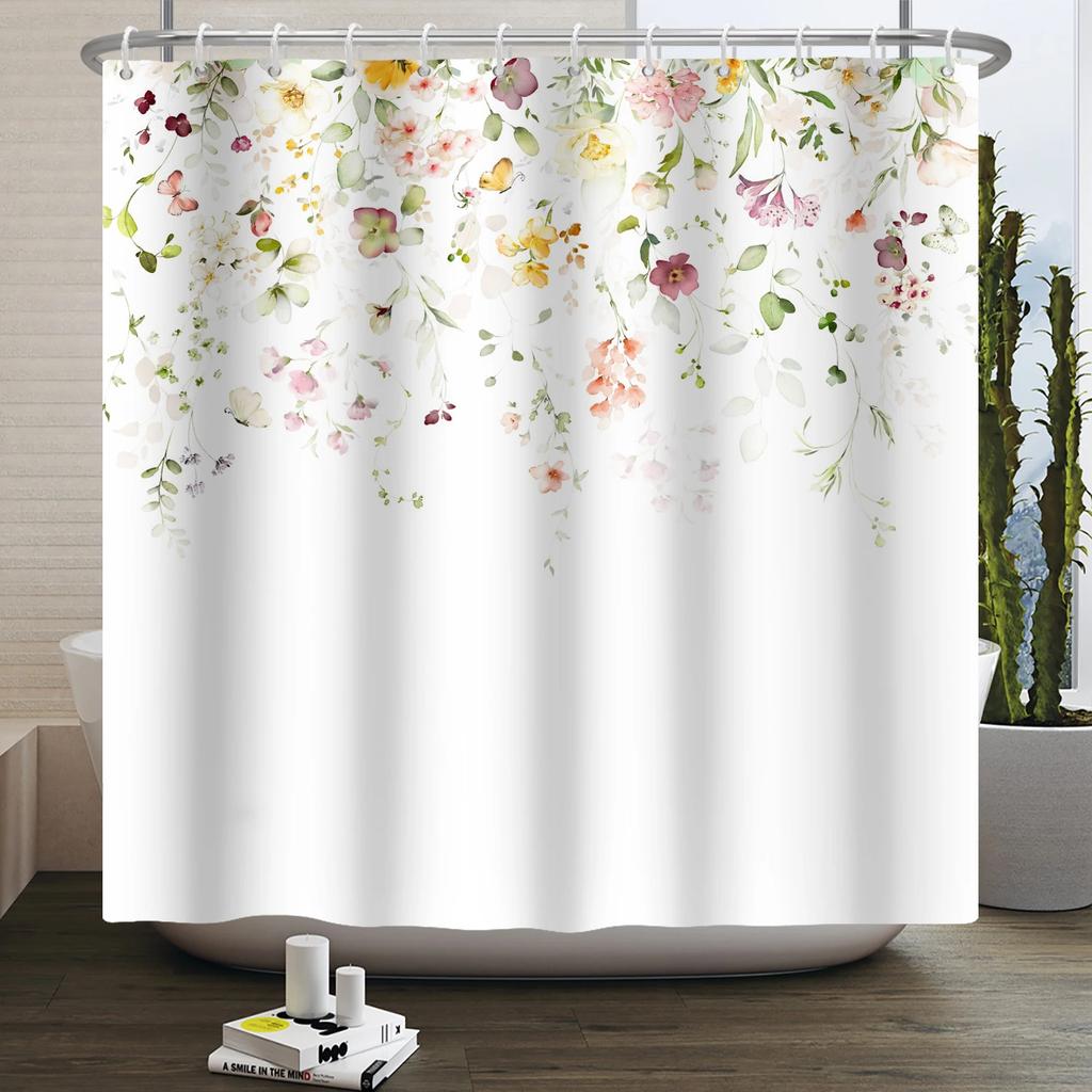 Floral Duschvorhang für Badezimmer Vintage Blume Schmetterling Wasserdichter Stoff Boho Badewanne Badezimmervorhang Mit Haken 180x240