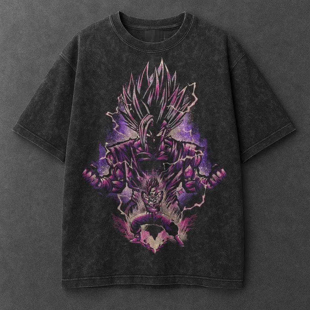 Dragon Ball 2026 Estate Vintage Cotone Lavato T-shirt Oversize Streetwear Gohan Super Saiyan 2 Fulmini Viola Dark Fantasy