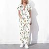 Women Plus Size White Floral Printed Scrub Set Cutout Neck Short Sleeve Pocket Top Long Pants