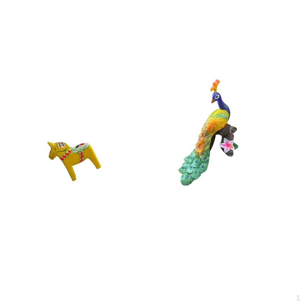 Dalecarlian Horse And Peacock Figurine Sculpture Collectible Animal Ornament for Home Bookshelf