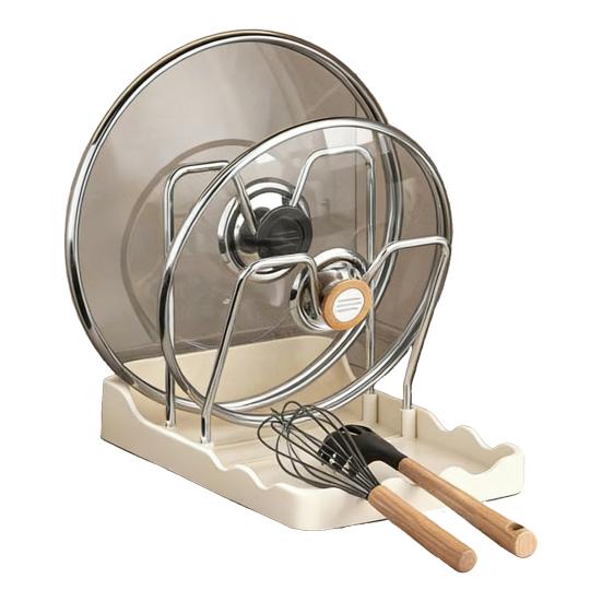 Countertop Pot Lid Holder Pan Lid Storage Rack with Drain Tray Pot Lid Stand with Spoon Rest While Cooking Kitchen