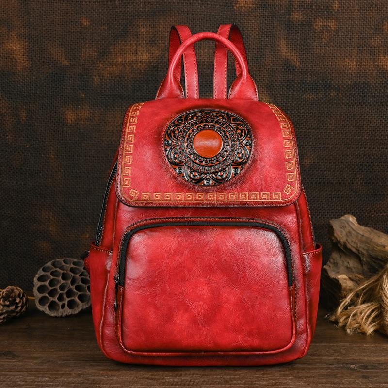 Johnature Vintage Ručně vyráběný Dámský Kožený Batoh Totemově Ražený Velká Kapacita Všestranné Cestovní Tašky