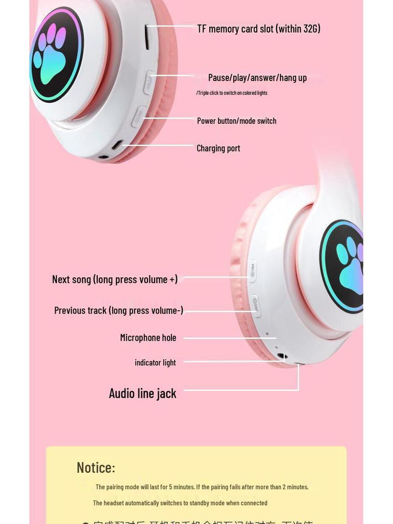 Cat Ear Bluetooth 5.0 Headphones: Wireless Sports Luminous Gaming Headset