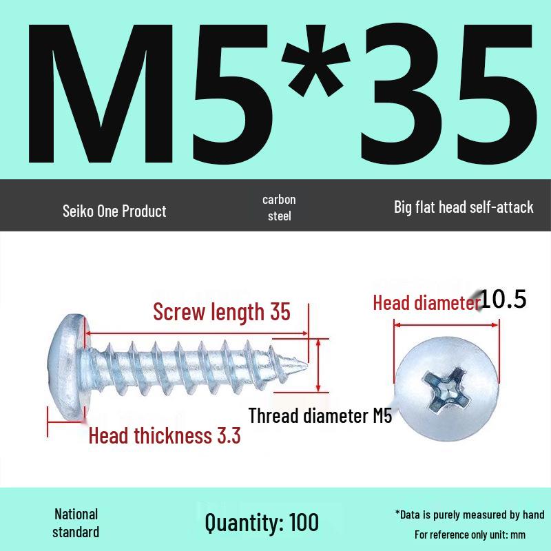 Galvanized M3 Phillips Flat Head Self-Tapping Wood Screws, High-Strength, Large Head