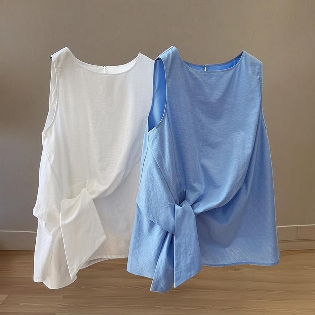 Minimalist White Cotton Knot Tank Top For Summer Casual Wear Women
