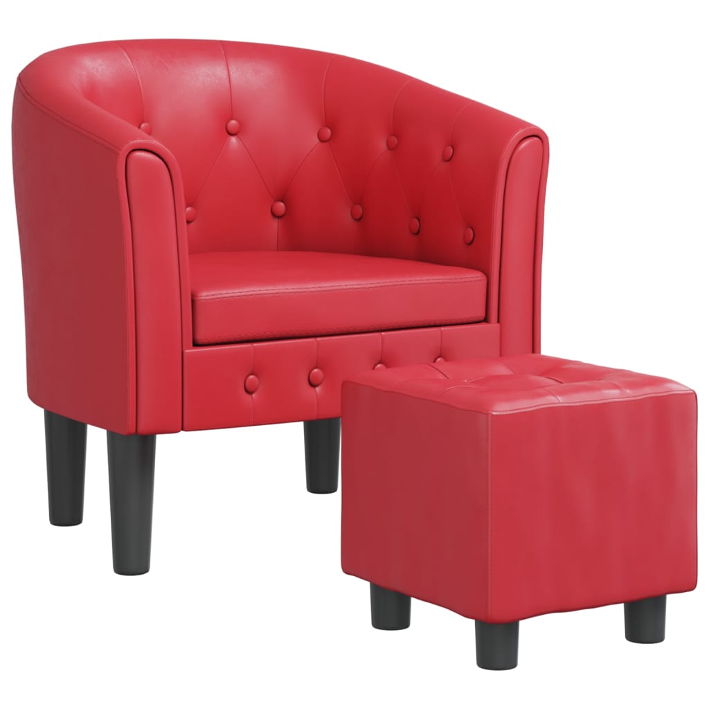 Club Armchair with Footstool Red Faux Leather