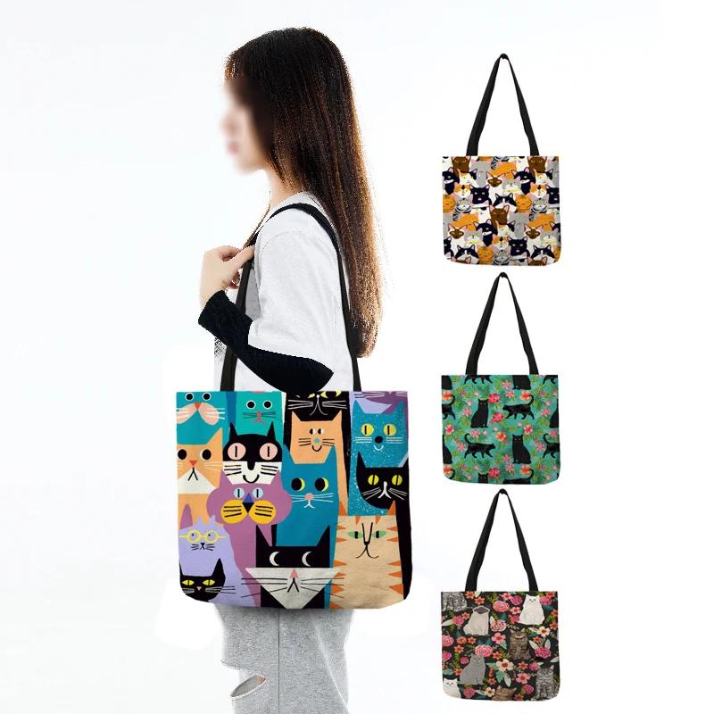Cute Cartoon Floral Cat Print Women Shopping Bag Linen Fabric Shoulder Bag Eco Storage Handbag Reusable Foldable Grocery Totes
