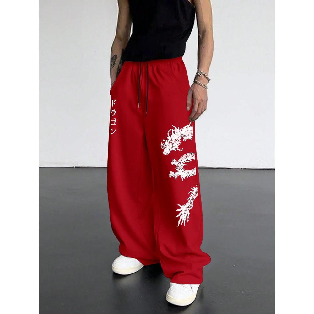 Men's Casual Pants with Trendy Dragon Pattern Letter Print Design, Daily Casual Wear, Cool Style, Versatile Wide Leg Pants