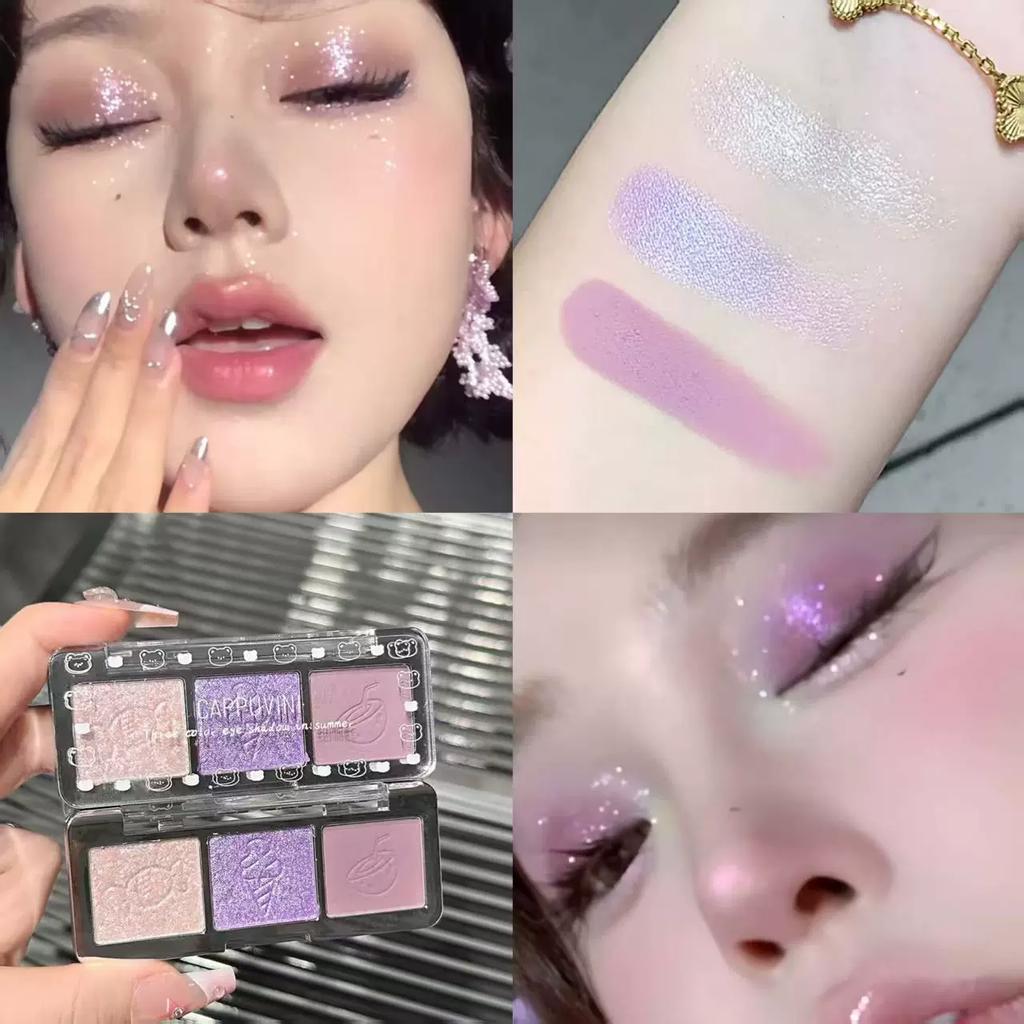New Three-Color Eye Shadow Plate Rose Ice Grape Pink Purple Sequin Pearl Brightening Student White Glitter Portable