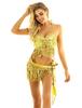 Women Shiny Sequins Tassels Carnival Rave Performance Belly Dance Costume Halter Bra Tops with Hip Scarf Wrap Skirt Set