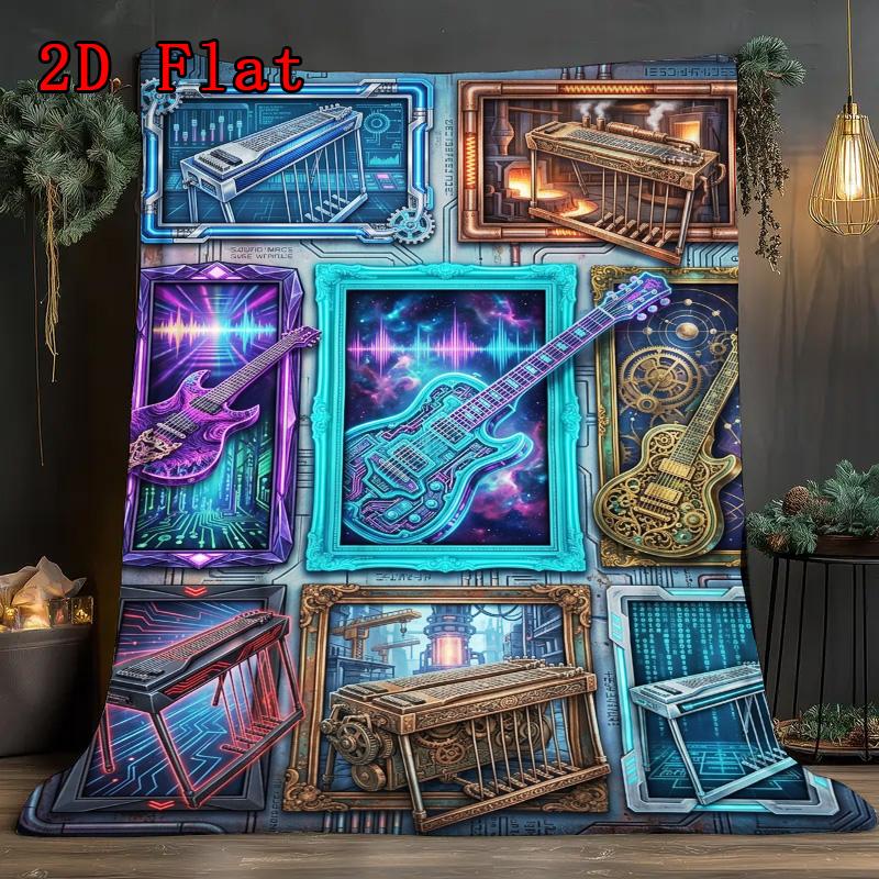 Futuristic Musical Instruments 2D Flat Pattern Flannel Blanket, High Quality All Seasons, Home Decor, Warmth and Comfort, Perfect for Christmas Gifts.