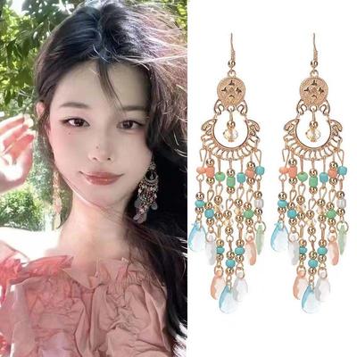 Bohemian Crystal Tassel Earrings - Ethnic Style, Slim Face, Exaggerated Design for Travel