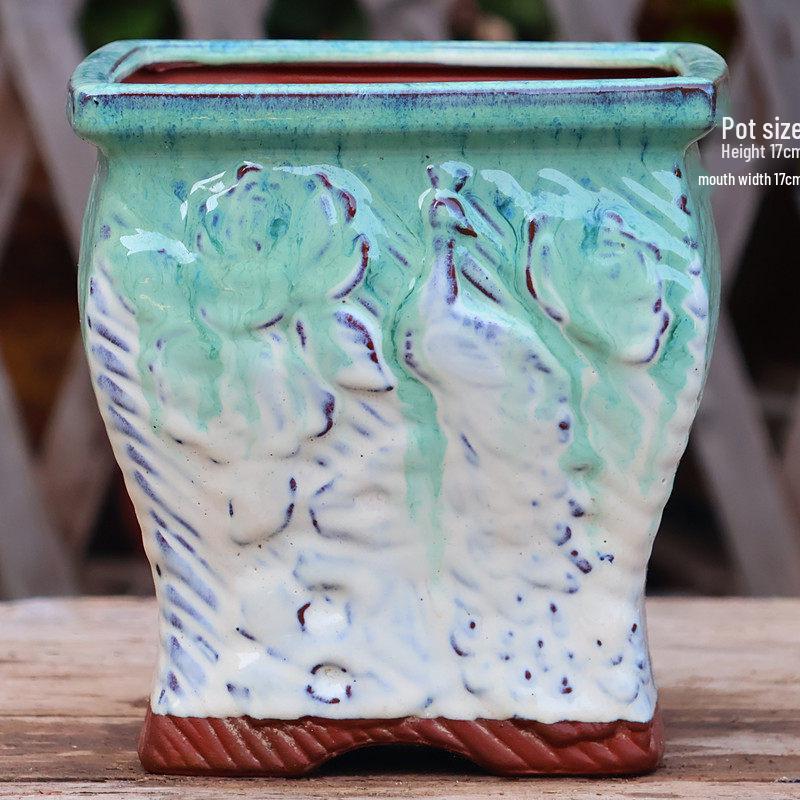 Yixing Handmade Square Mouth Coarse Pottery Planter - Large Succulent Flower Pot with Old Branch Design and Jade Pendant.