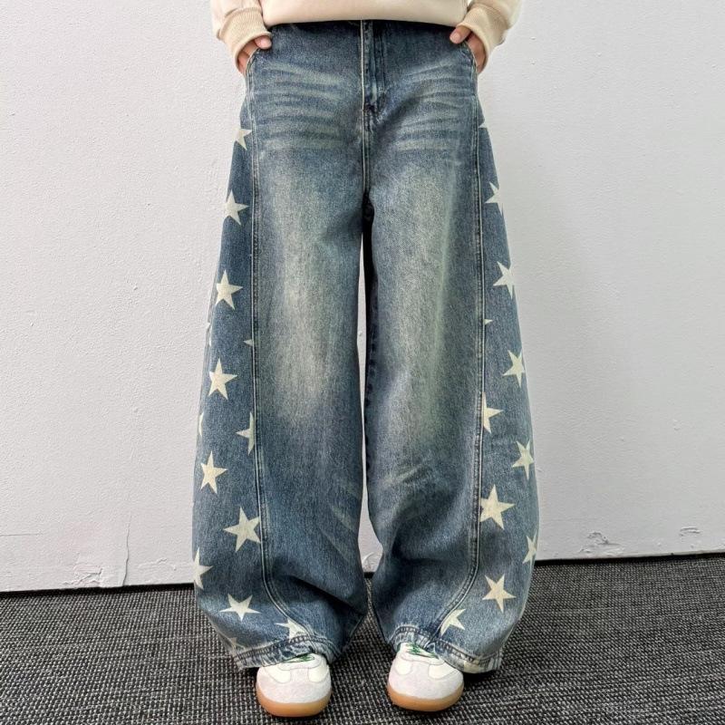 Unisex Retro Star Design Frayed Edge Wide Leg Jeans