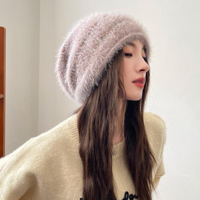 

Корейская версия женской осенне-зимней новой вязаной шерстяной шапки, модная и универсальная яркая плюшевая шапка, зимняя теплая шапка-пуловер average size