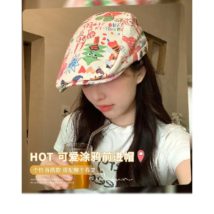 Japanese-style Playful Graffiti Beret for Women, Niche Backwards-worn Forward Cap, Funny Newsboy Cap That Makes the Face Look Smaller, Trendy