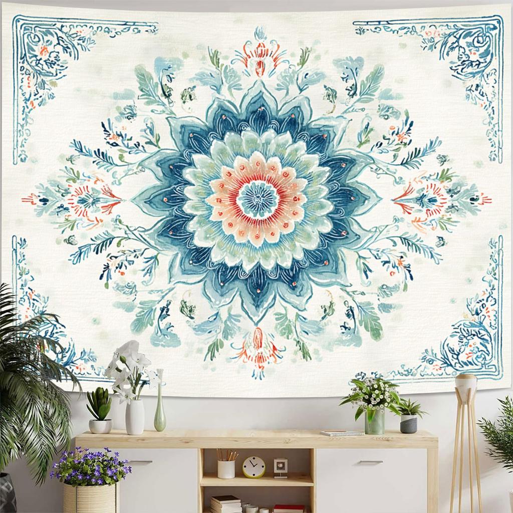 Blue Pink Floral Pattern Digital Printing Polyester Wall Hanging Tapestry Decorative Living Room Bedrooms Office Background Gift