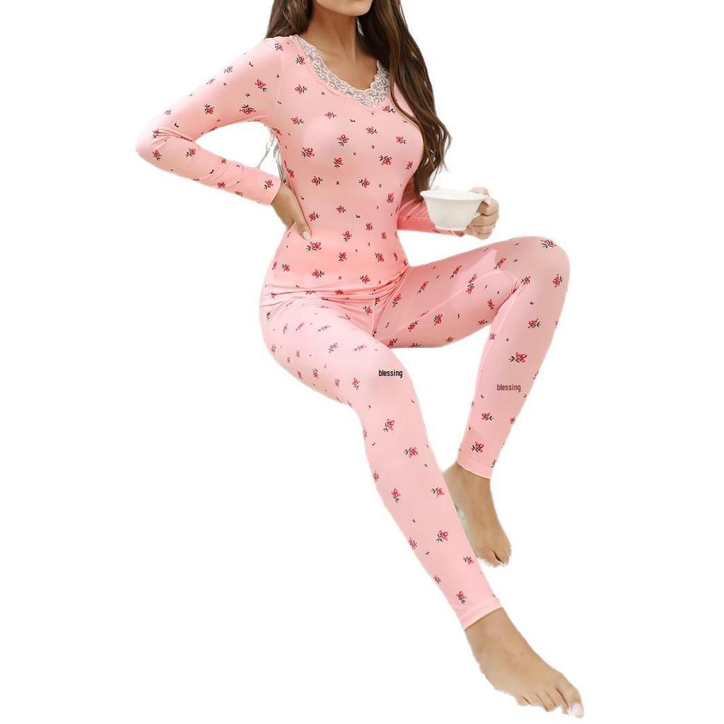 Schlankmachendes elastisches Pyjama-Set für Damen - Bedrucktes Langarm-Oberteil & Lange Hose im europäischen & amerikanischen Stil