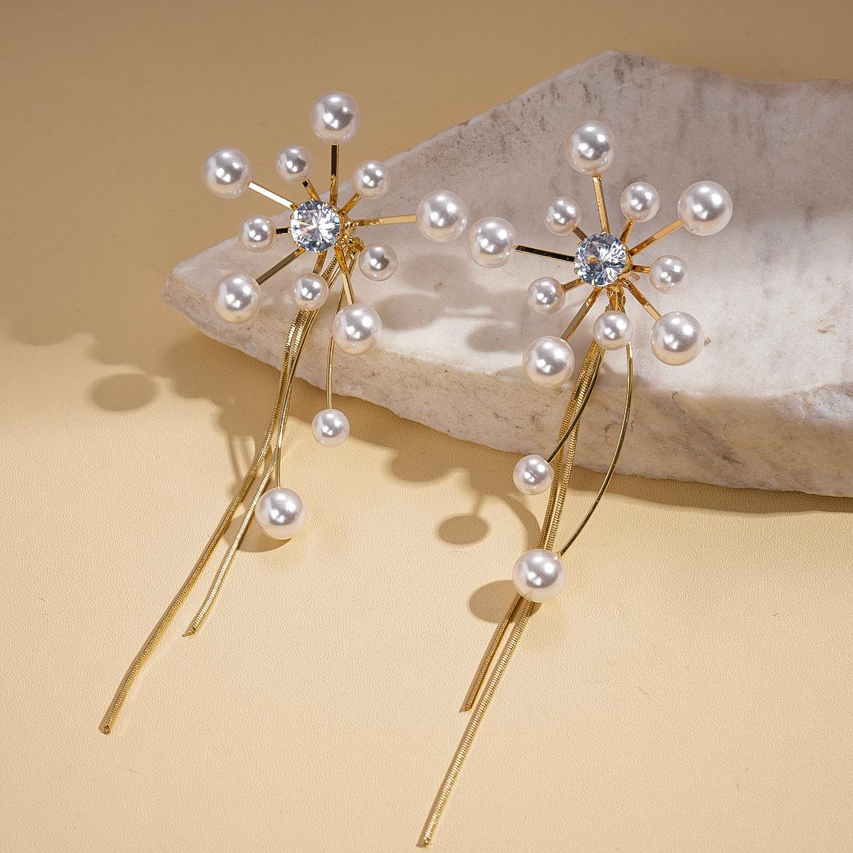 Zircon imitation pearl acrylic flower fringed silver needle earrings temperament earrings