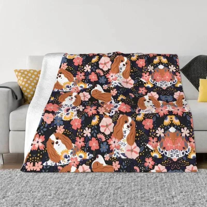 Cavalier King Charles Spaniel Blankets Flannel Winter Floral Bouquet Cute Dog Lover Breed Pet Portrait Throw Blanket For Bedroom