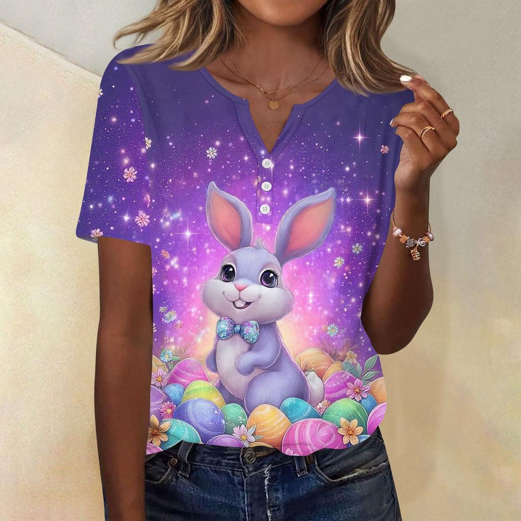 Women's T Shirt Print Button Short Sleeve Daily Weekend Fashion Basic V- Neck Regular Top