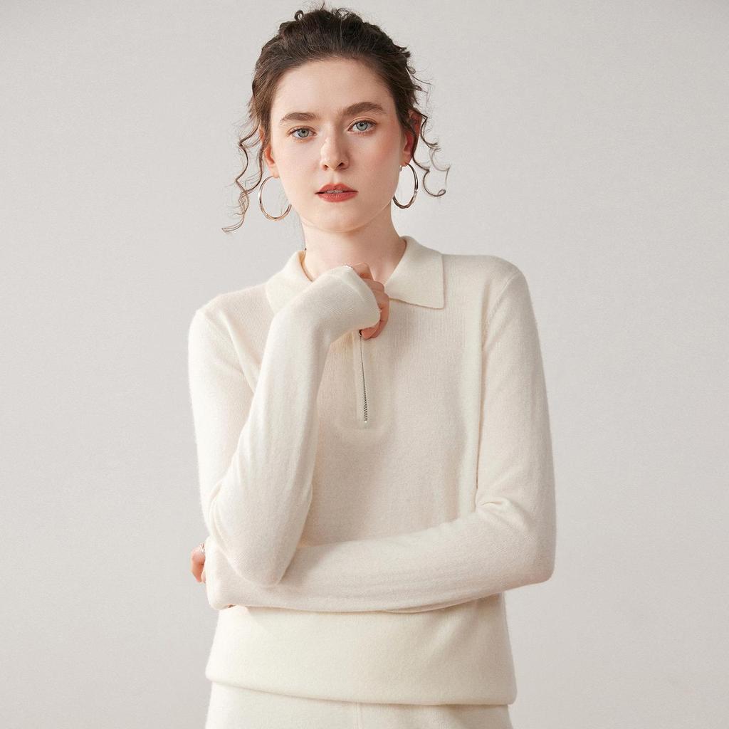 Women's Cashmere Polo Neck Half-Zip Sweater - Elegant Solid Color Knit Base Layer