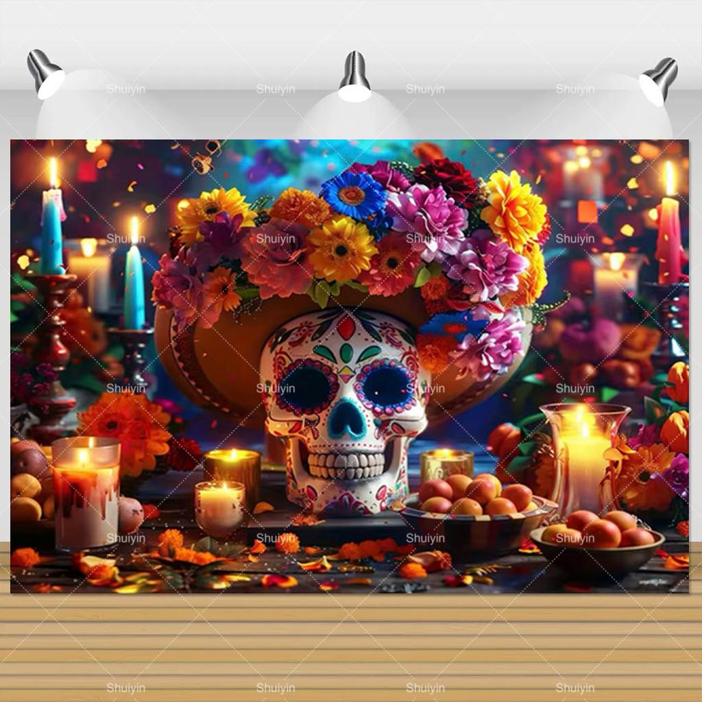 Day Of The Dead Photography Backdrop Skull Marigold Mexican Fiesta Día De Los Muertos Decoration Party Supply Photo Studio Props