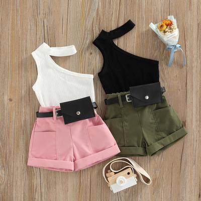 Infant Girl Tanks Tops + Shorts + Waist Bag, Pockets Decoration Casual Style Summer Clothing