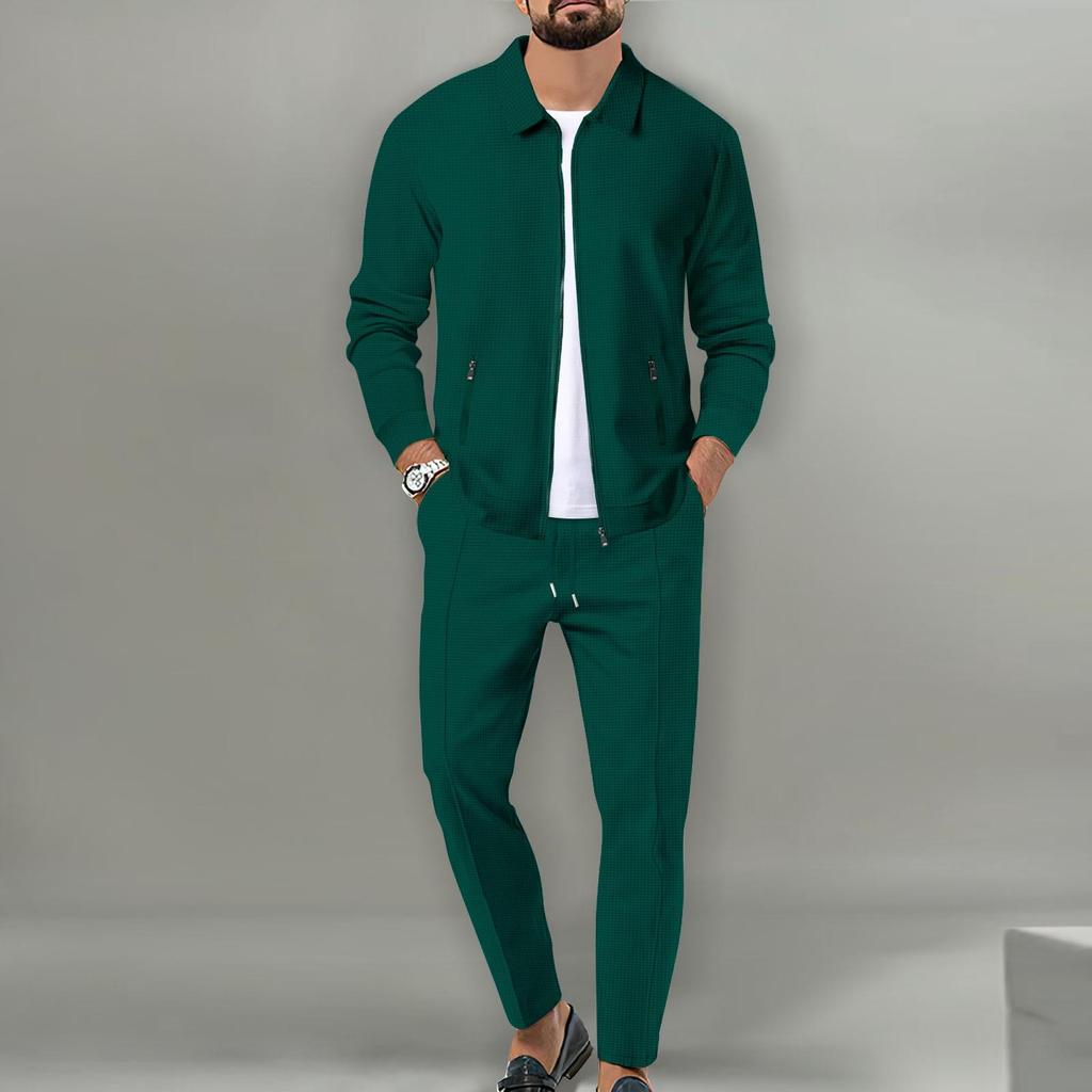 2025 Men's Slim Fit Cardigan Jacket Set with Waffle Knit, Zipper Pocket, and Lapel Collar for Spring and Autumn