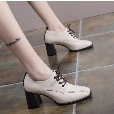 New High Heels Women British Style Square Head Thick Heel Small Leather Shoes Fashion Lace-up Deep Mouth Single Shoes