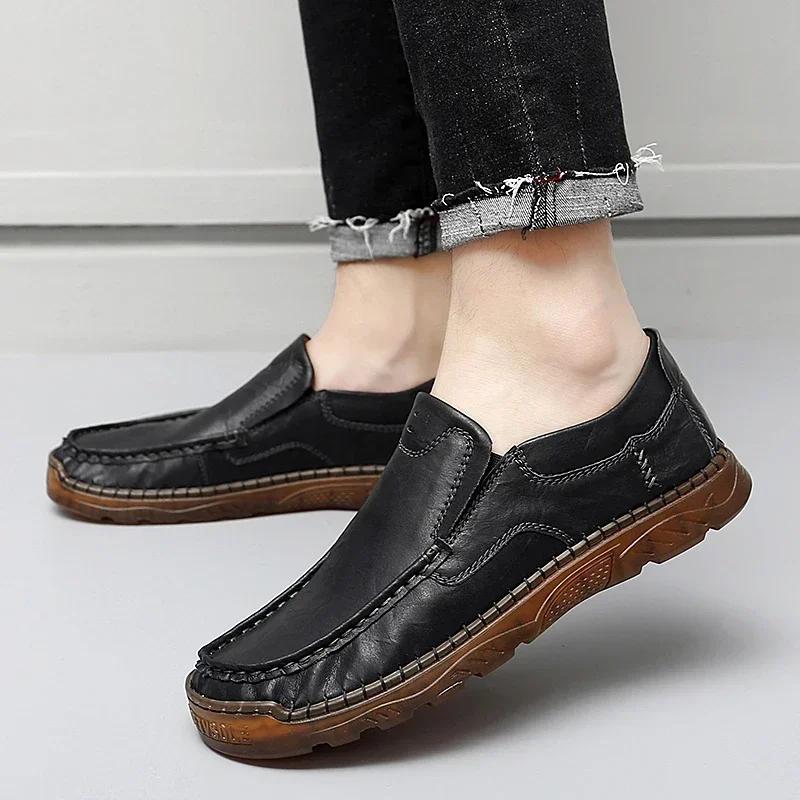 Fashion Men's Handmade Soft Leather Casual Shoes Comfortable Classic Lightweight Antiskid Durable Fashionable Flat Shoes