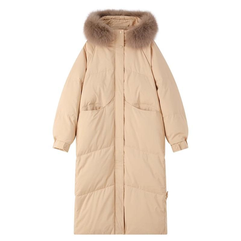 Women Over Knee Thick Warm Padded Cotton Winter Coat With Big Fur Collar