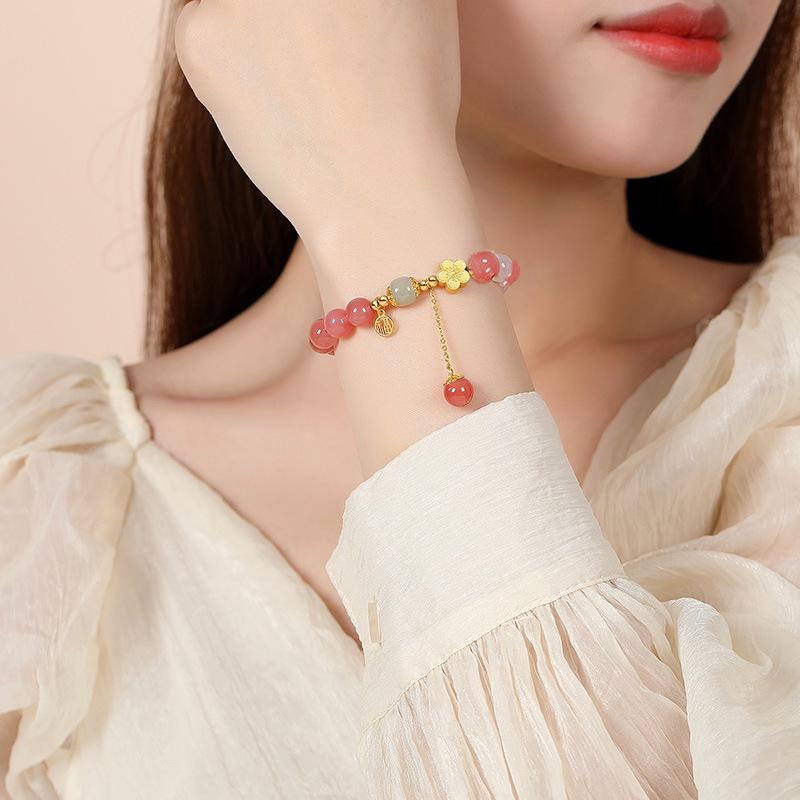 Graceful Charm Peach Blossom Bracelet: Red Agate & Pink Crystal for Women