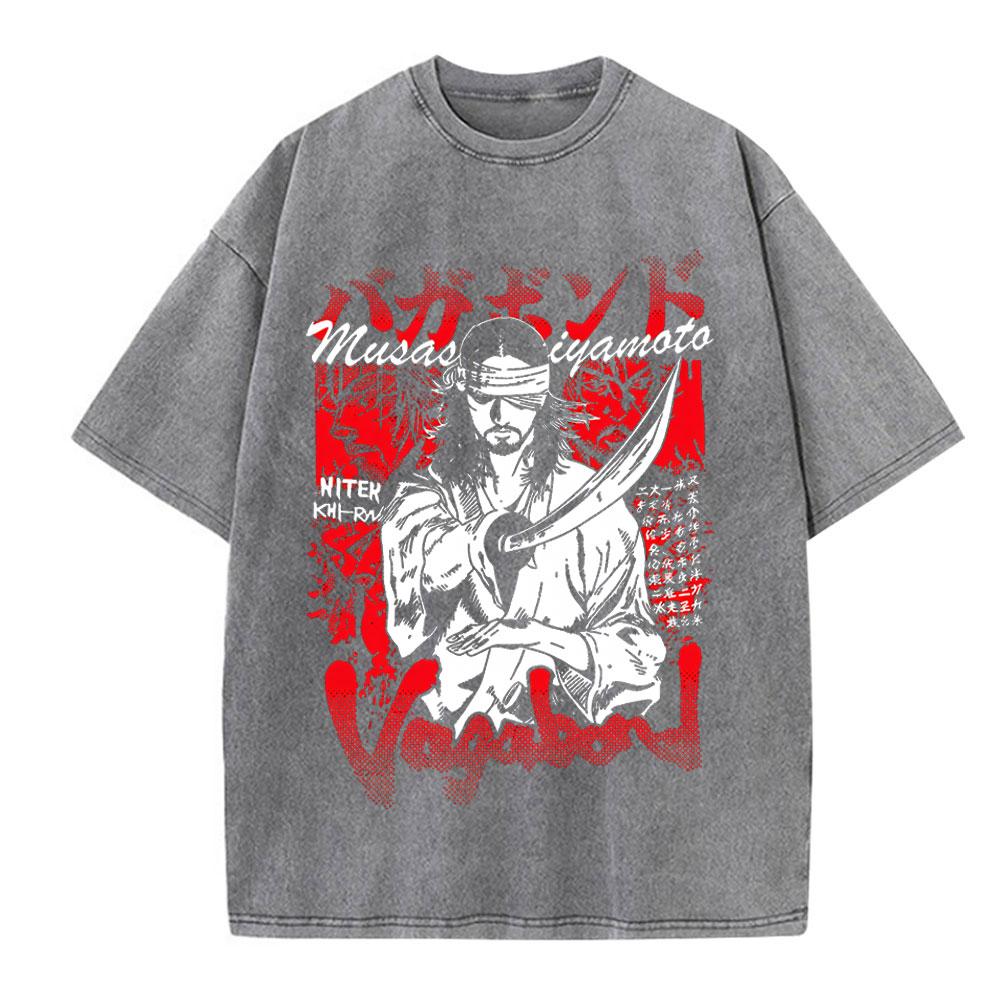 Japanese Anime Vagabond Miyamoto Musashi Vintage Washed Tshirts Men Women Clothing Fashion Retro Cotton Short Sleeve T Shirts