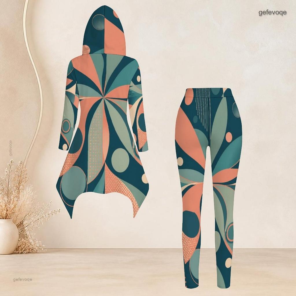 Women Plus Size Geometric Printed Two Piece Set Hooded Long Sleeve High Low Top Fitted Pants